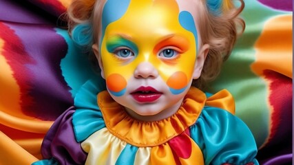 Portrait of a little baby clown with painted face.