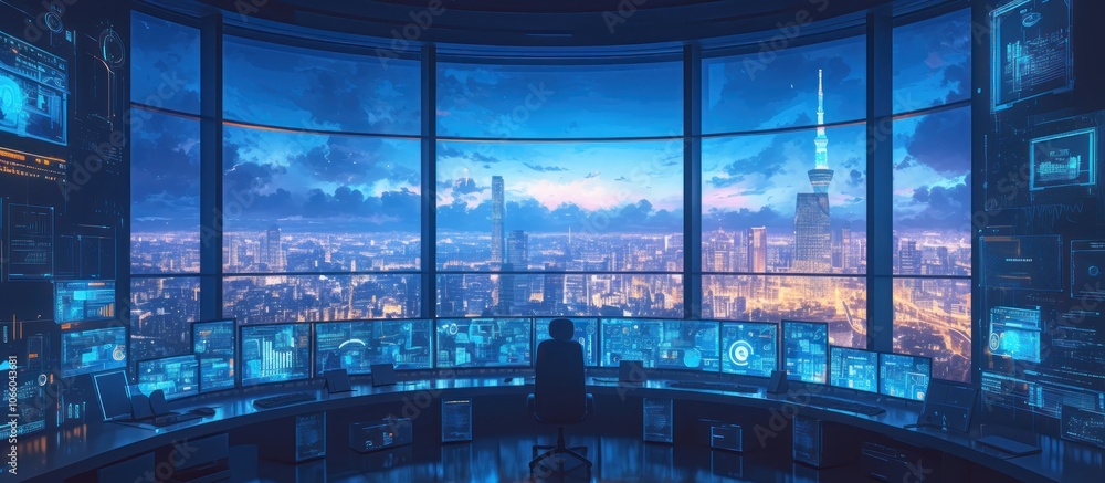 Poster a lone figure sits in a high-tech office with a panoramic view of a city skyline. the windows offer 