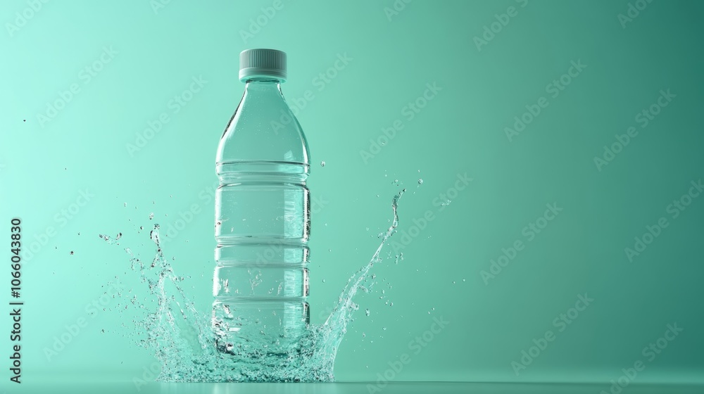 Poster refreshing splashes of pure water surround a clear plastic bottle, set against a vibrant turquoise b