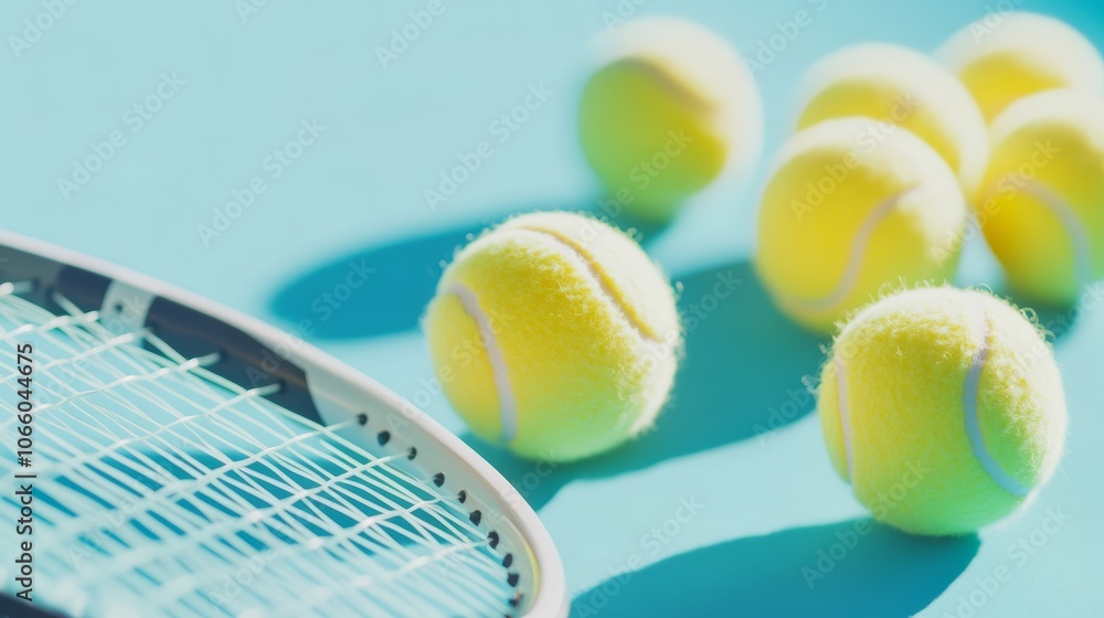 Poster tennis balls and a racket are arranged on a vibrant turquoise surface, creating a dynamic compositio
