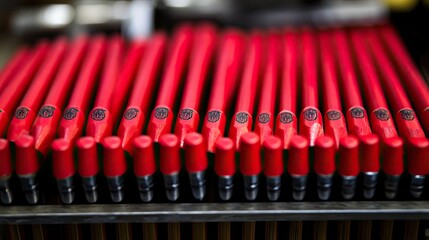 Obraz premium Red Hand Tools in a Row on Workshop Bench
