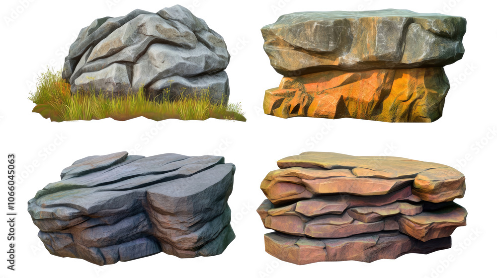 Poster realistic set of heavy rock stones on a transparent background generative ai
