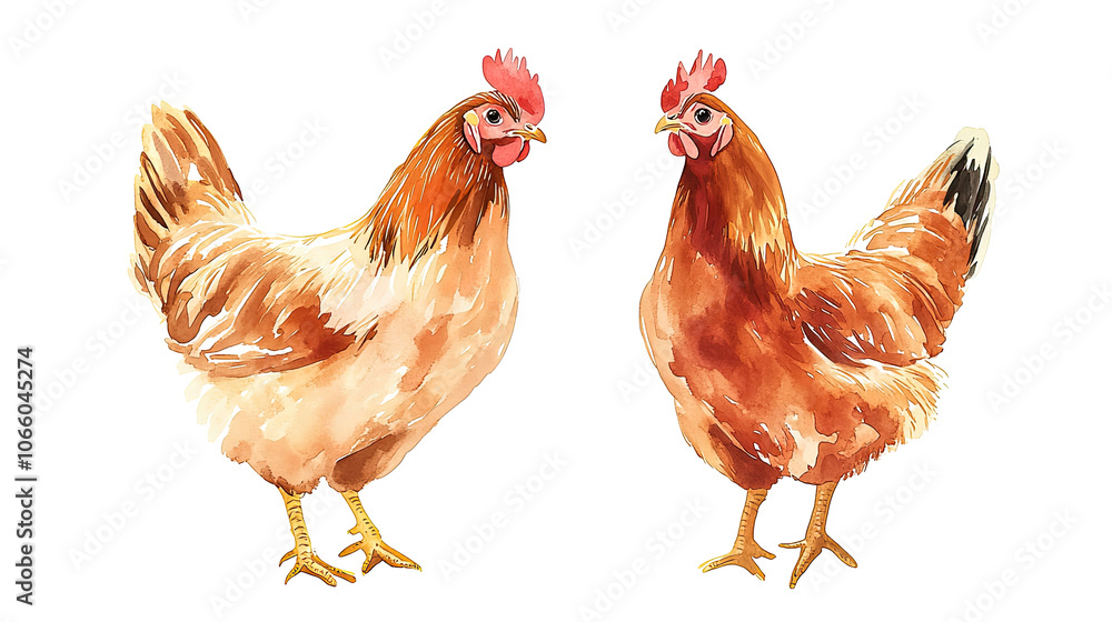 Poster set of hand-painted hens displayed on a transparent background generative ai