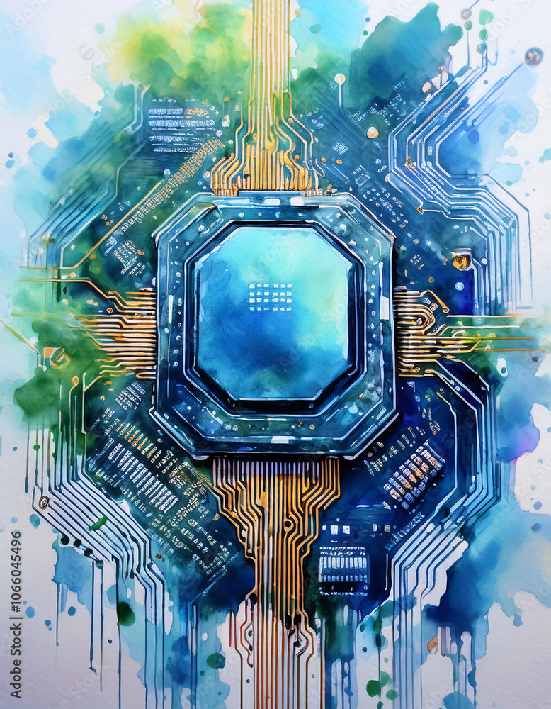 Poster a central processor chip surrounded by intricate circuitry, glowing with energy