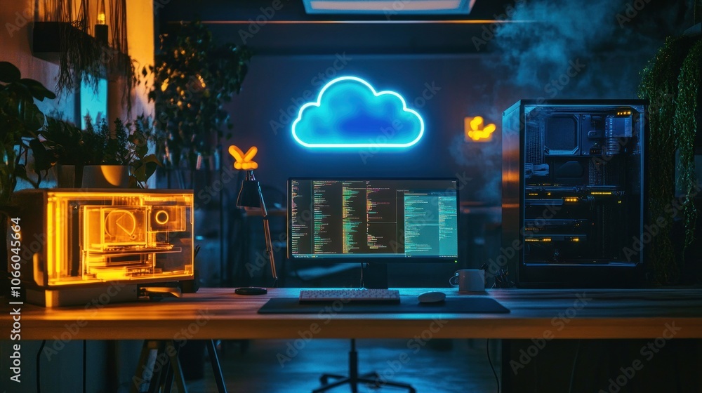 Poster A Modern Workspace with Neon Cloud Sign and Code on a Computer Screen