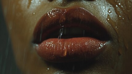Obraz premium Close up of woman's lips with water droplets.
