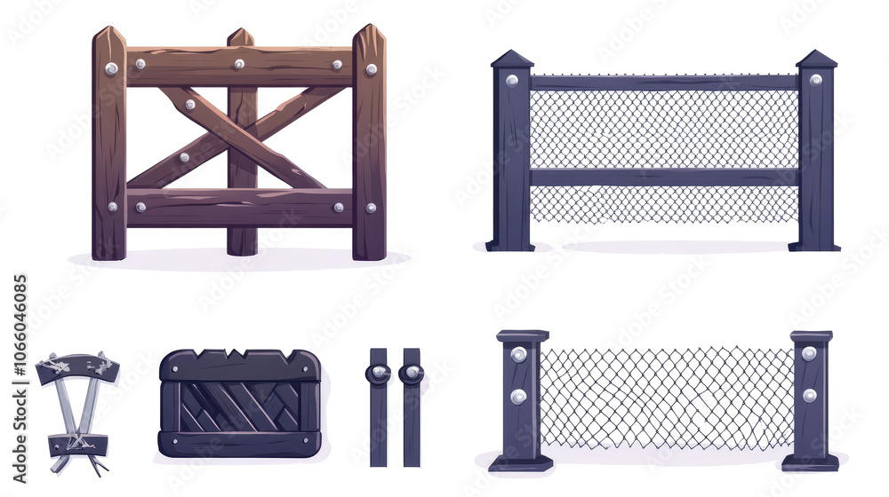 Poster fence types and wire mesh illustrations on transparent background generative ai