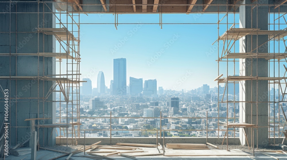 Poster view of a city skyline through a window of an unfinished building under construction with scaffoldin