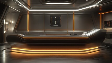Fototapeta premium Futuristic control room with a sleek console and warm lighting.