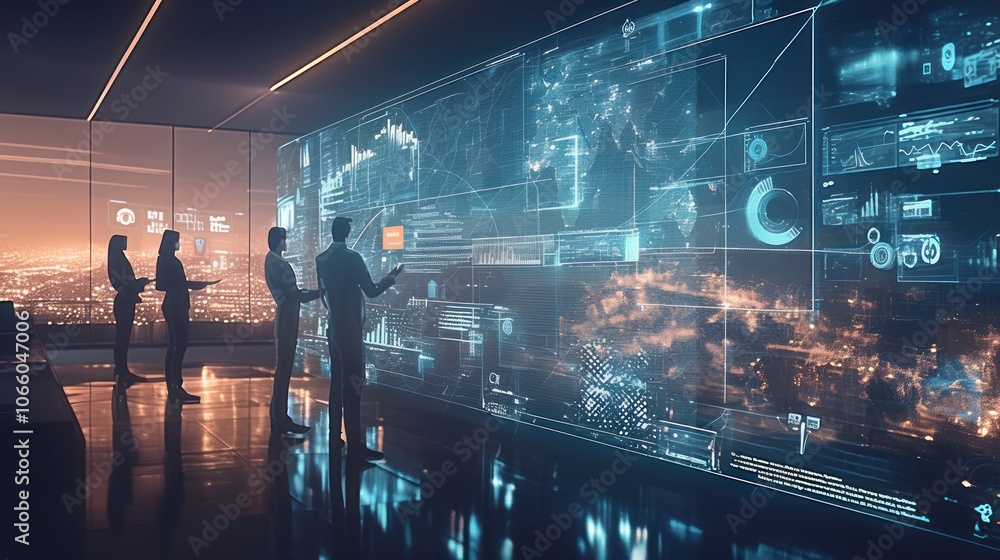 Poster three business people stand in front of a large, interactive screen displaying data, charts, and gra