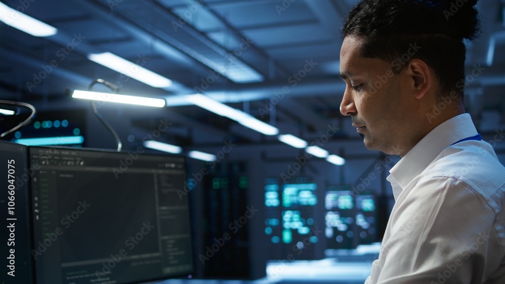 Poster computer scientist overseeing data center, making improvements and updates to ensure system can hand