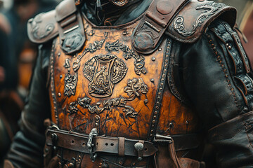 a soldiers leather breastplate with engraved decorations.