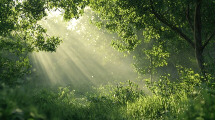 Obraz premium Sunlight Streaking Through Dense Green Foliage in a Forest
