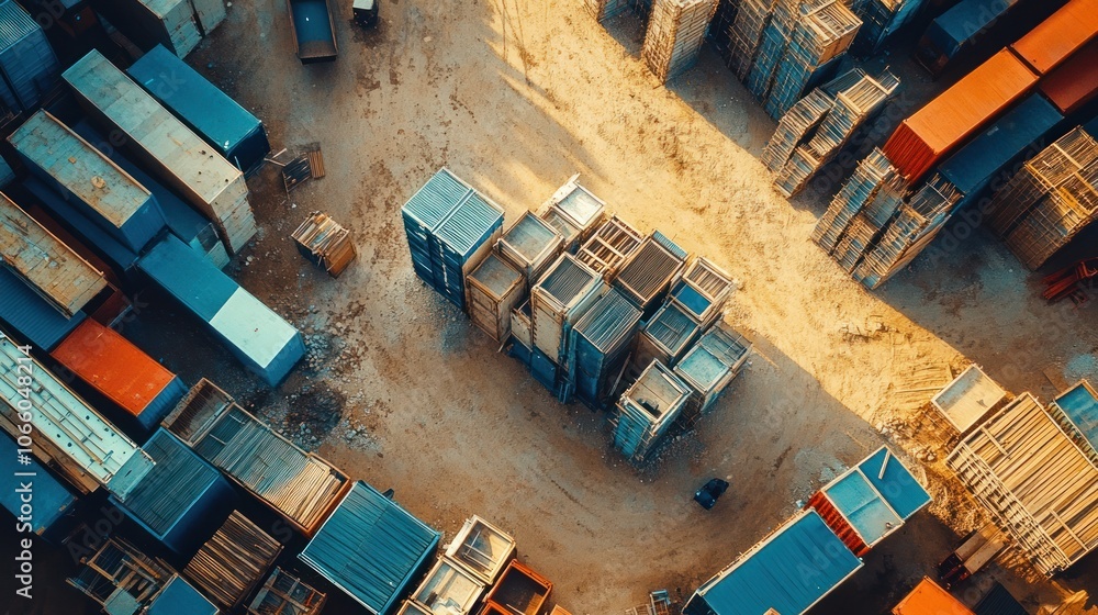 Poster aerial view of a shipping container yard with stacked containers