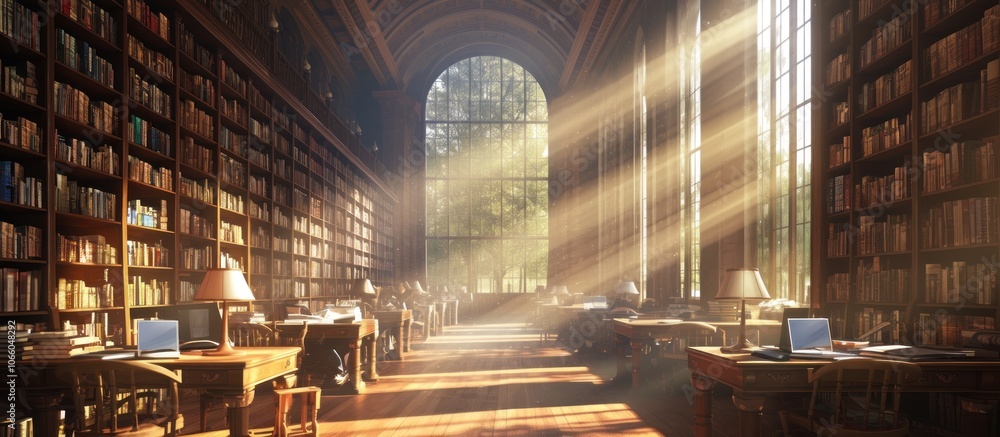 Poster a large, sunlit library with rows of bookshelves and desks with laptops.