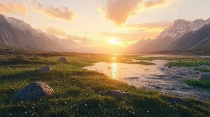 Fototapeta premium A Serene Mountain River at Sunset with Lush Grass and Scattered Rocks