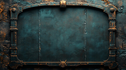 Vintage metallic frame on textured teal background with ornate, industrial design details