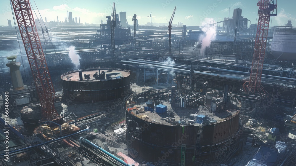 Poster aerial view of a large industrial complex with multiple cranes and smoke stacks.