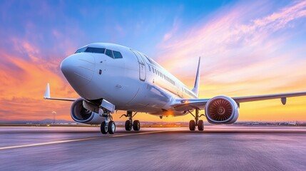 Obraz premium Airplane on Runway at Sunset with Colorful Sky