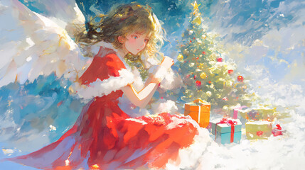 girl dressed as Santa Claus with gifts next to the Christmas tree in beautiful landscape, Merry Christmas concept, anime style digital painting