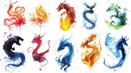 Colorful Dragon Illustrations in Watercolor Style
