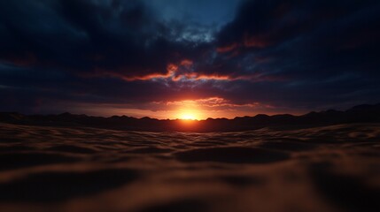 A breathtaking sunset over a desert landscape, with the sun peeking through a layer of clouds, creating a stunning panorama of orange and purple hues.