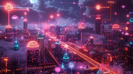 Obraz premium Futuristic Cityscape with Neon Lights and Connected Networks