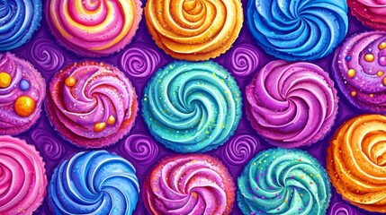 Fototapeta premium Colorful Swirled Cupcakes with Sprinkles on a Purple Background
