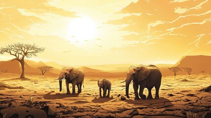 Fototapeta premium A Family of Elephants Walking Across the African Savanna Under a Golden Sunset