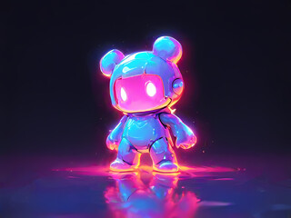 3d render of a neon colored mouse-like robot in a dark room 