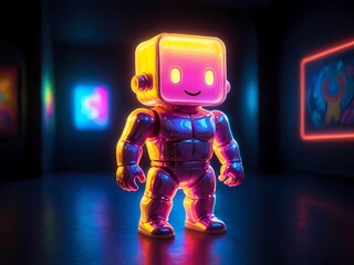3d render of a neon colored robot in a dark room 
