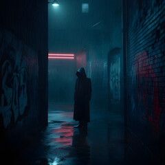 Concept of a threatening person in a dark alley with red neon lights, rain and graffiti on the walls. Illustration art.