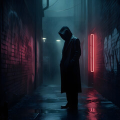 Silhouette of a threatening person in a dark alley with red neon lights, rain and graffiti on the walls. Illustration art.