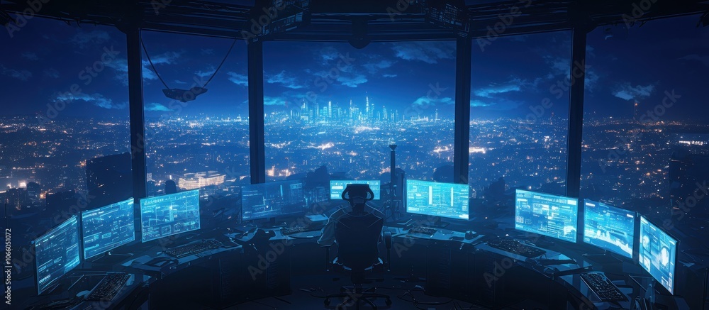 Poster a single person sits in a control room overlooking a futuristic cityscape at night, illuminated by c