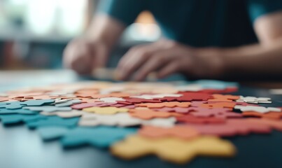 Fototapeta premium Close-up of hands working on a colorful jigsaw puzzle.