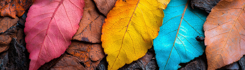 Obraz premium Colorful autumn leaves in vibrant shades of red, orange, yellow, and blue create stunning visual display against textured background. intricate details of leaf veins add to beauty of this seasonal