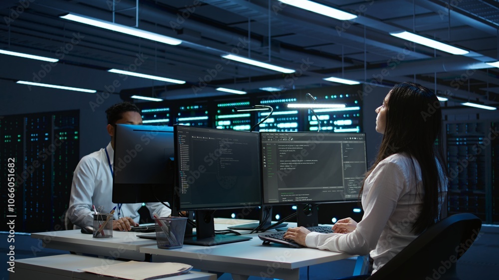 Poster engineer using augmented reality tech in data center, installing software, troubleshooting issues. i