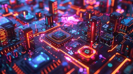 Fototapeta premium Cyberpunk Cityscape on a Motherboard