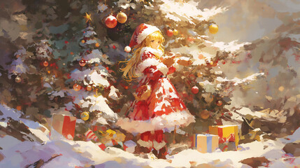 girl dressed as Santa Claus with gifts next to the Christmas tree in beautiful landscape, Merry Christmas concept, anime style digital painting