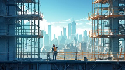 Construction worker overlooking a modern city skyline through scaffolding.