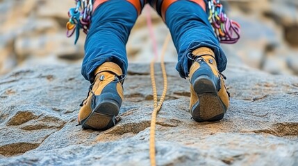 Close-up of a climber's feet on a rock face, with ropes and harnesses in the background.