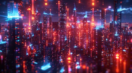 Futuristic Cityscape with Red and Blue Lights