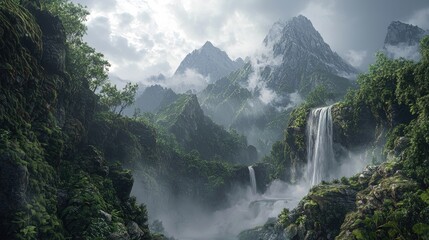 Fototapeta premium Lush Green Valley with Majestic Waterfall and Misty Mountains