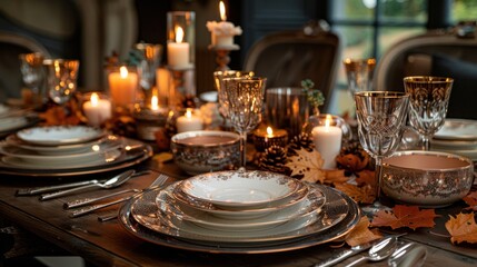 Fototapeta premium Elegant Fall Table Setting with Candlelight
