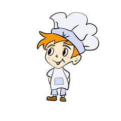 Obraz premium Cartoon illustration of a boy chef wearing a big white hat and an apron, sticker on transparent background with white outline