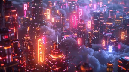 Obraz premium Neon Cityscape in the Clouds