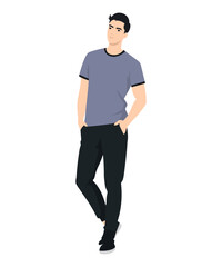 Naklejka premium Vector illustration. A man in a blue T-shirt and dark trousers stands in a relaxed pose, leaning slightly on one leg. The blue color of the T-shirt gives the image freshness and calmness.