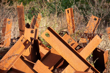 Anti-tank barriers - metal hedgehogs installed on the approaches to Kyiv in the forests and on the roads, Ukraine with the aim of stopping heavy armored columns of the Russians.