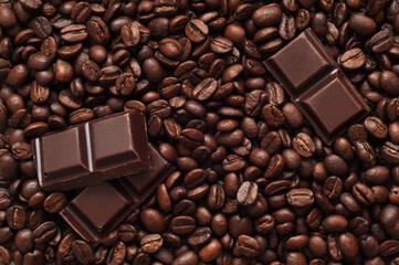 Coffee beans and chocolate bar background