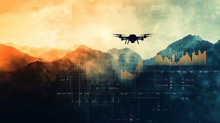 Obraz premium A drone flies over a mountain range with a digital overlay of graphs and data, suggesting technological advancement and progress.